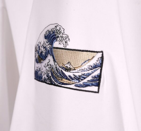 Close-up of The Great Wave of Kanagawa embroidery art on a hoodie