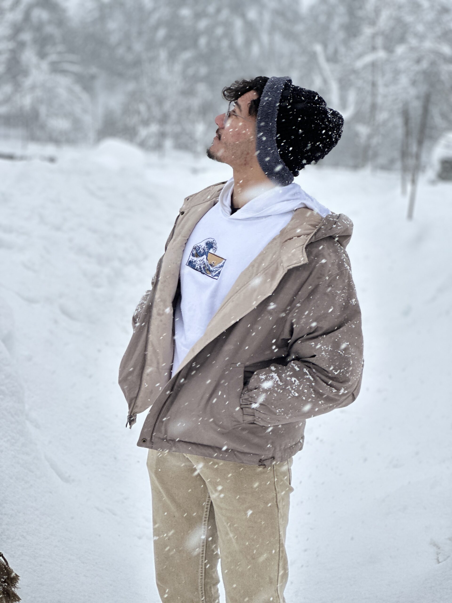 Person in a Kanagawa embroidered hoodie amidst snowfall.